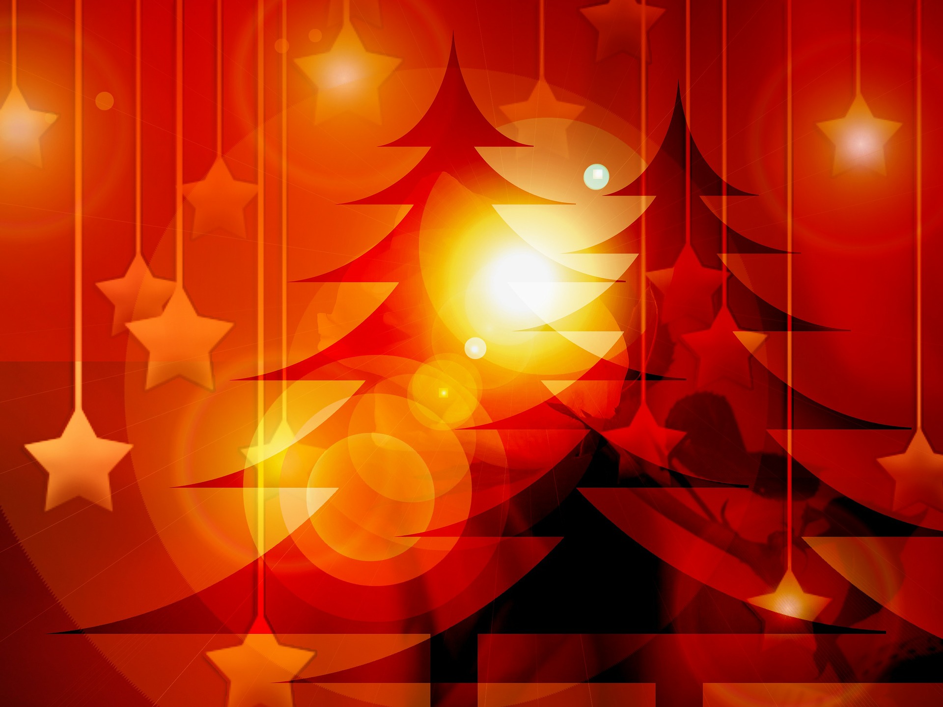  Rot eingefärbte Weihnachtsstimmung mit Sternen und Tannenbäumen. 